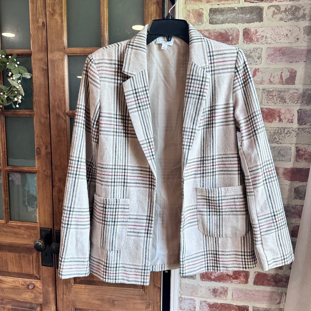 Mud Pie Blazer Women Beige Plaid Open Front Patch Pockets Professional Office S